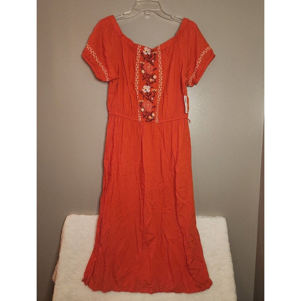 Old Navy Boho Embroidered Orange Maxi Dress with Floral Panel Size Large